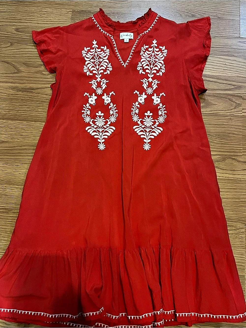 Wonderly Short Flutter Sleeve Embroidered Midi Dress Women’s Red